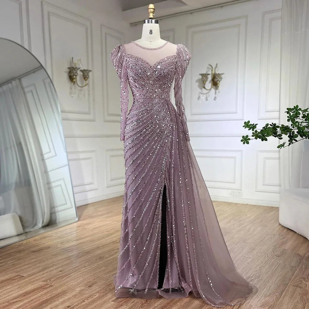 Serene Hill 2025 Arabic Turquoise Mermaid Split Beaded Luxury Dubai Long Evening Dresses Gowns for Women Wedding Party LA72448 - SERENE HILL