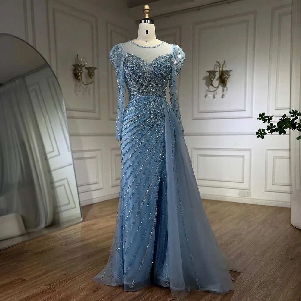 Serene Hill 2025 Arabic Turquoise Mermaid Split Beaded Luxury Dubai Long Evening Dresses Gowns for Women Wedding Party LA72448 - SERENE HILL
