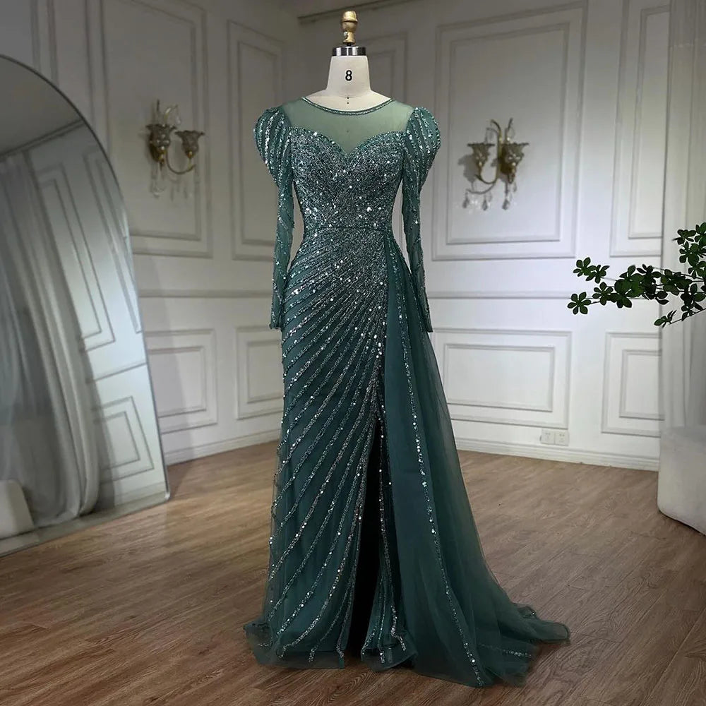 Serene Hill 2025 Arabic Turquoise Mermaid Split Beaded Luxury Dubai Long Evening Dresses Gowns for Women Wedding Party LA72448 - SERENE HILL