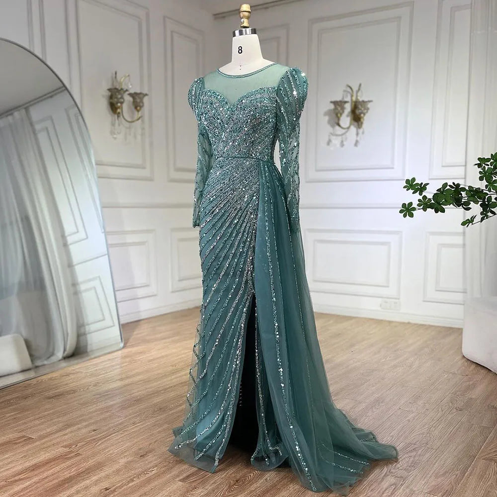 Serene Hill 2025 Arabic Turquoise Mermaid Split Beaded Luxury Dubai Long Evening Dresses Gowns for Women Wedding Party LA72448 - SERENE HILL