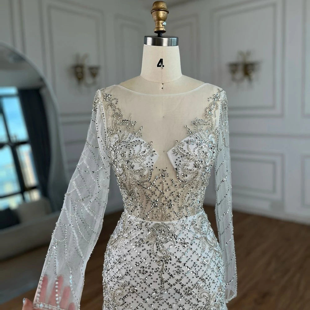 Serene Hill 2025 Arabic White Mermaid Luxury Dubai Evening Gown with Feathers Beaded Dress for Women&