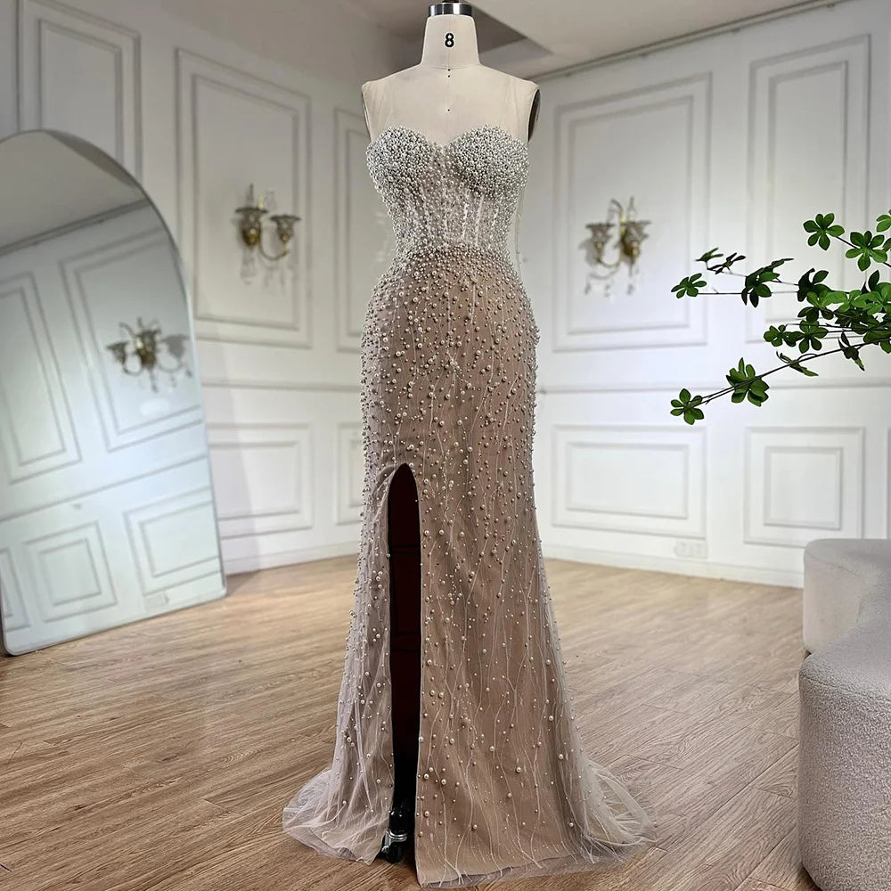 Serene Hill Arabic White Nude Mermaid Gown Pearls Beading High Split Luxury Dubai Evening Dress for Women&