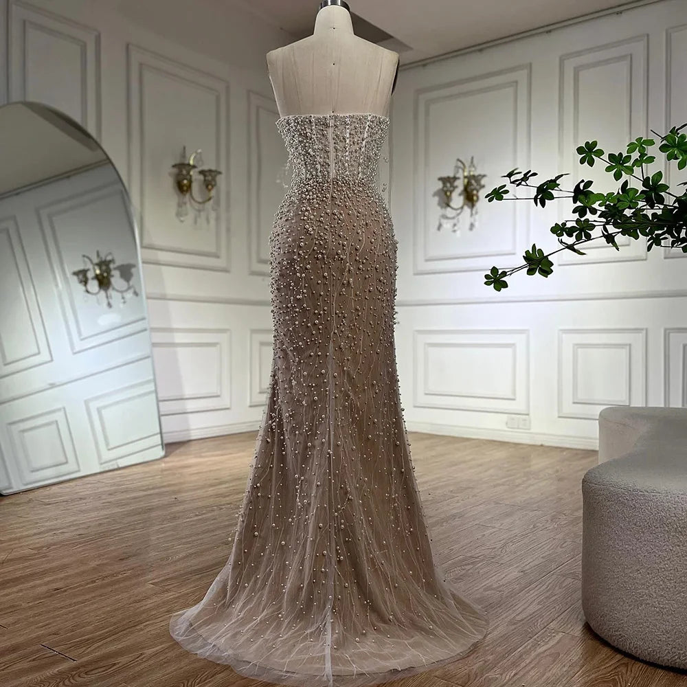 Serene Hill Arabic White Nude Mermaid Gown Pearls Beading High Split Luxury Dubai Evening Dress for Women&