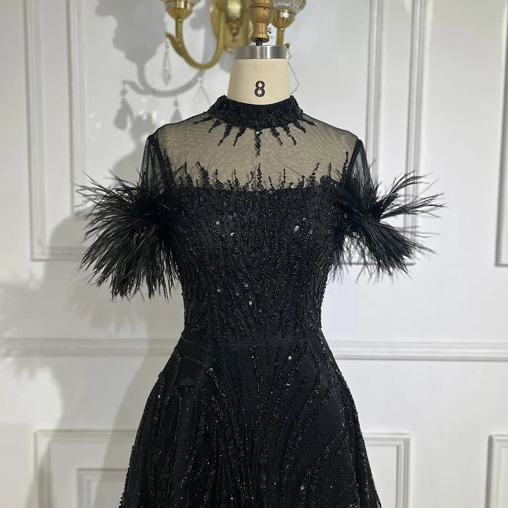 Serene Hill 2025 Arabic blue A Line Short Sleeveless Luxury Evening Dresses Beaded Feathers For Women Wedding Party LA72351 - SERENE HILL