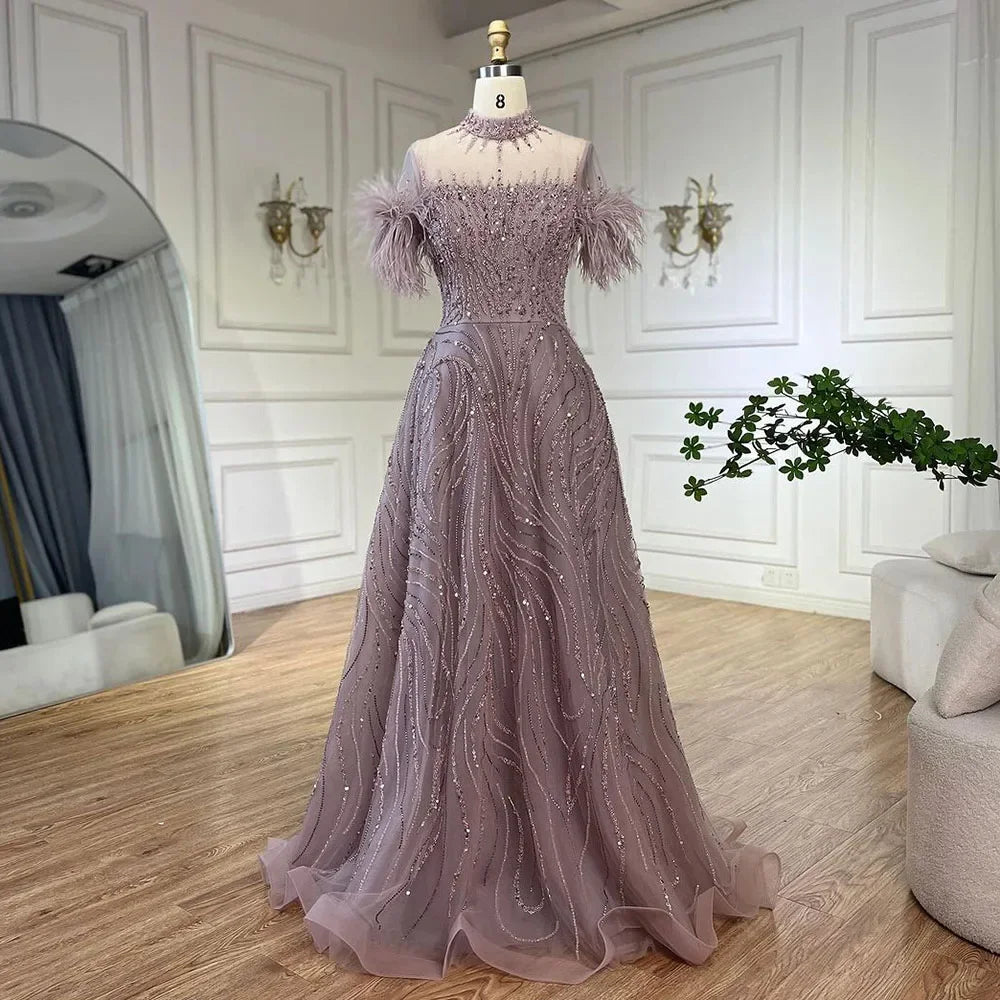 Serene Hill 2025 Arabic blue A Line Short Sleeveless Luxury Evening Dresses Beaded Feathers For Women Wedding Party LA72351 - SERENE HILL
