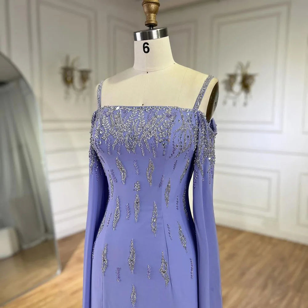 Lilac Mermaid Evening Dress with Cape Sleeves Luxury Wedding Party Gowns LA72407 - SERENE HILL