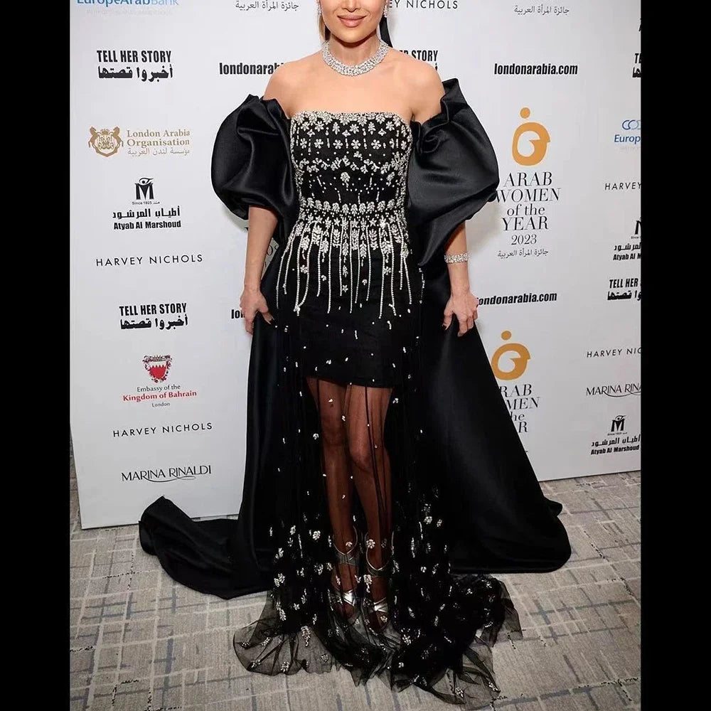 Luxury Beaded Tassel Black Evening Dress with Straps Cape LA72002 lilac long lining / 12 Luxury Beaded Tassel Black Evening Dress with Straps Cape LA72002 lilac long lining / 12