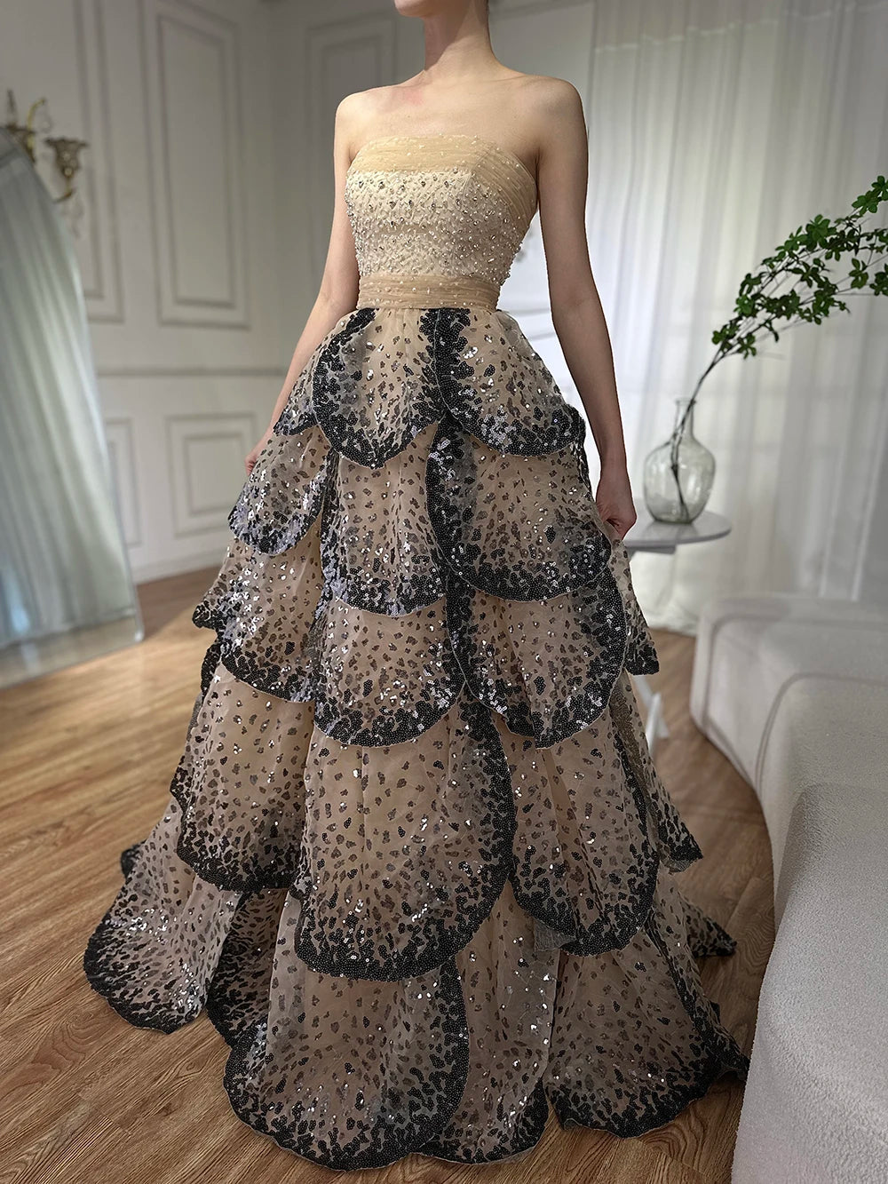 Luxury Dubai Black Nude Luxury Saudi Evening Dresses with Sparkly Sequin Tiered Ruffles for Formal Gowns LA72505A - SERENE HILL