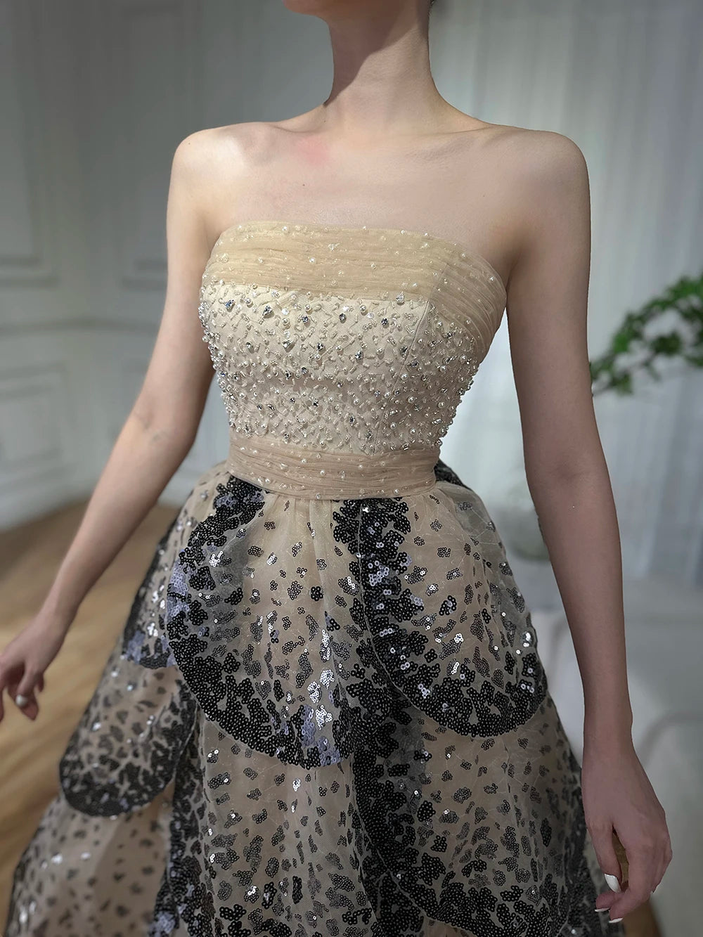Luxury Dubai Black Nude Luxury Saudi Evening Dresses with Sparkly Sequin Tiered Ruffles for Formal Gowns LA72505A - SERENE HILL