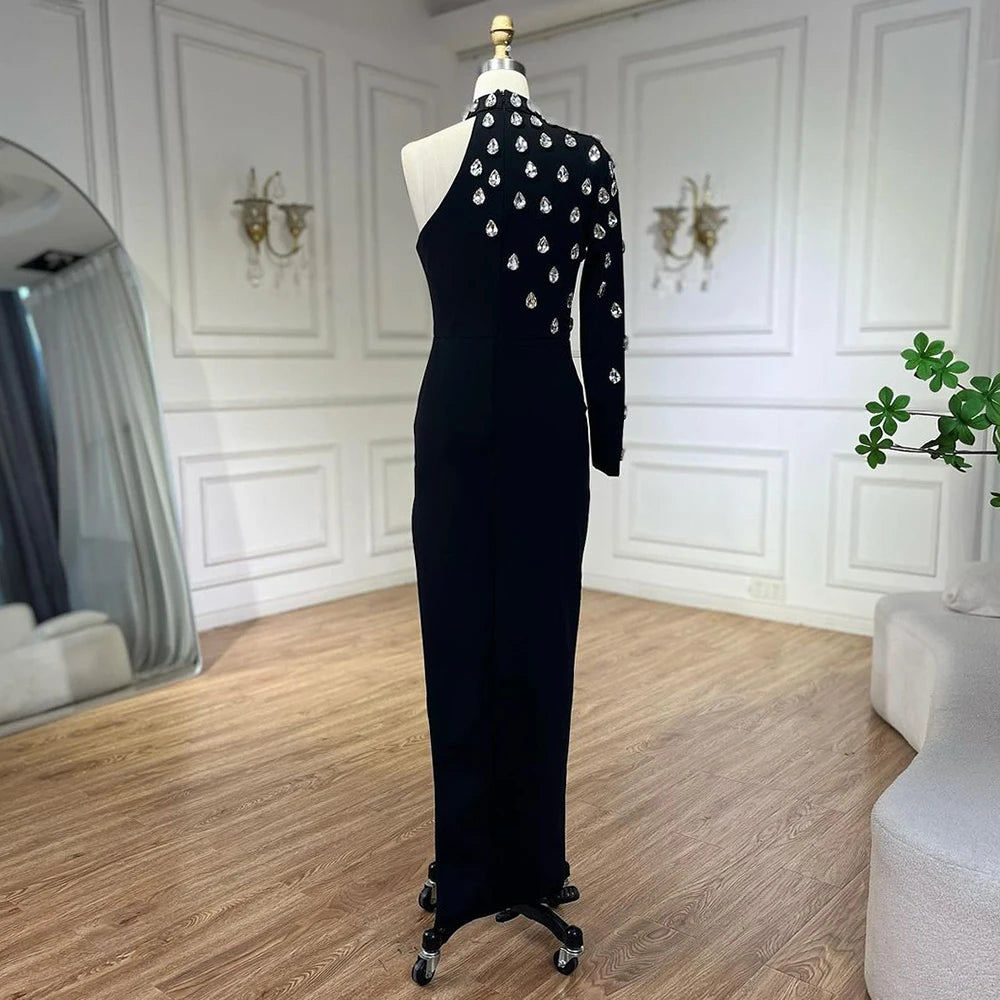 Serene Hill 2025 Black One Shoulder Elegant Split Side with Crystal Beaded Mermaid Evening Dress Gowns for Women&