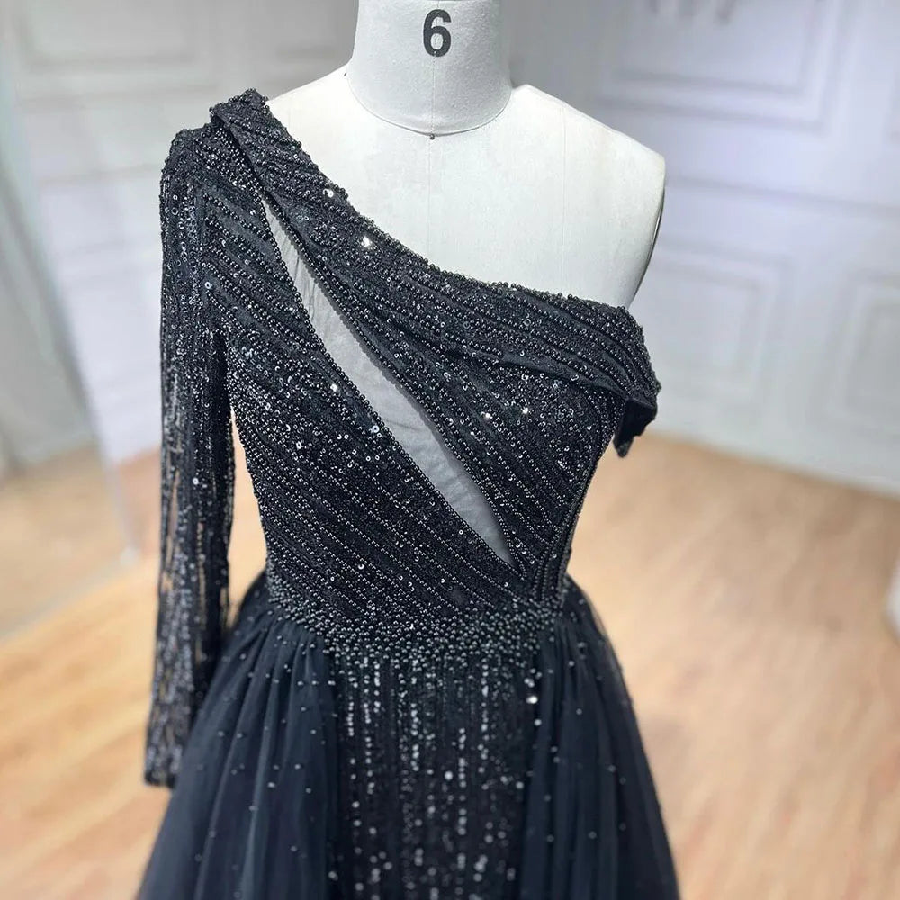 Serene Hill 2025 Black One-Shoulder With Overskirt Luxury Beaded Formal Occasion Evening Dresses Gowns for Women Party LA72424A - SERENE HILL