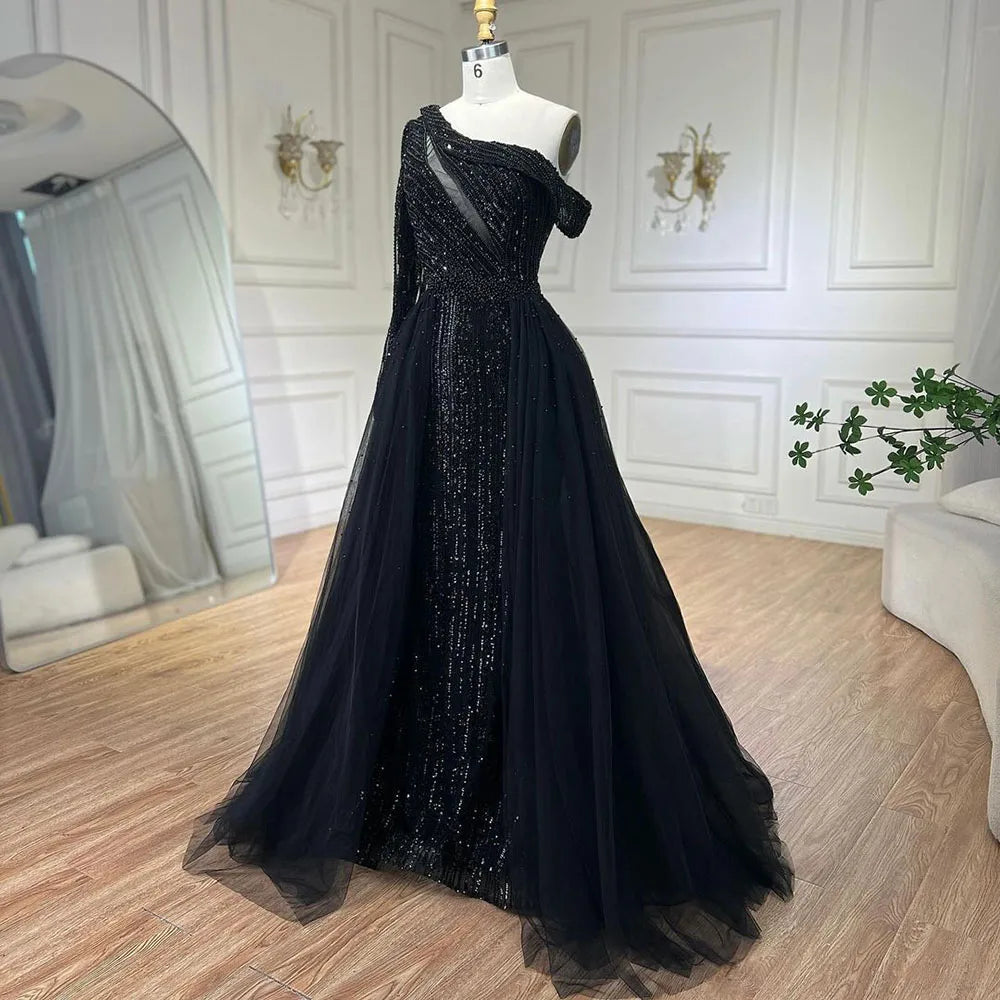 Serene Hill 2025 Black One-Shoulder With Overskirt Luxury Beaded Formal Occasion Evening Dresses Gowns for Women Party LA72424A - SERENE HILL