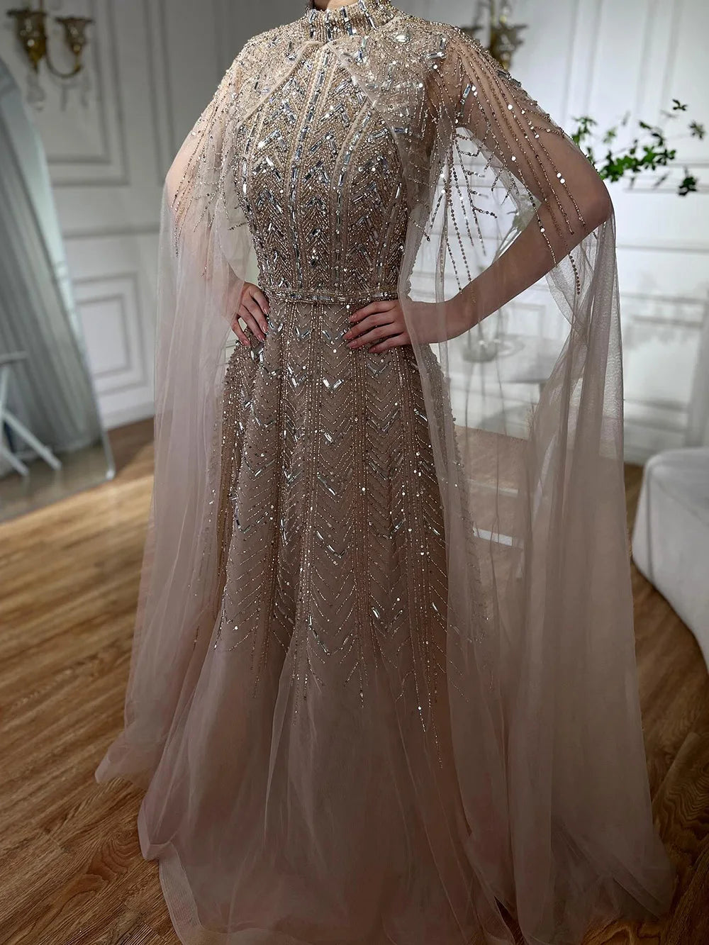 Luxury Beaded Design A-Line Blue Saudi Arabic Evening Dresses Gowns with Cape Sleeves for Formal Occasion LA72728 - SERENE HILL