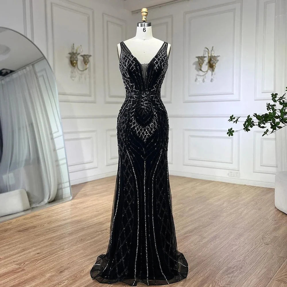Serene Hill 2025 Blue Mermaid Elegant Spaghetti Straps Beaded Luxury Evening Dresses Gowns for Woman Wedding Party LA72450 - SERENE HILL