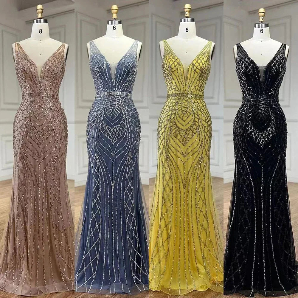 Serene Hill 2025 Blue Mermaid Elegant Spaghetti Straps Beaded Luxury Evening Dresses Gowns for Woman Wedding Party LA72450 - SERENE HILL