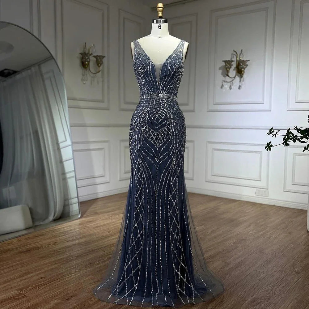 Serene Hill 2025 Blue Mermaid Elegant Spaghetti Straps Beaded Luxury Evening Dresses Gowns for Woman Wedding Party LA72450 - SERENE HILL