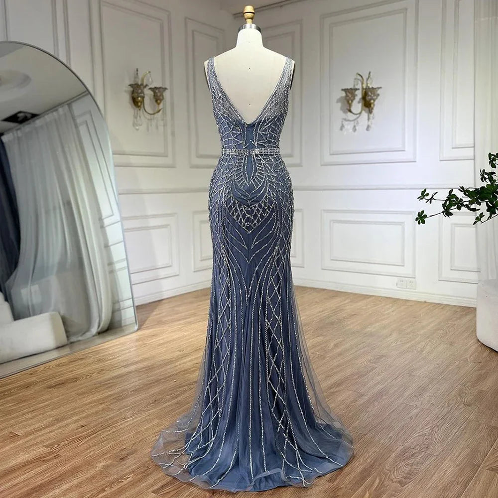 Serene Hill 2025 Blue Mermaid Elegant Spaghetti Straps Beaded Luxury Evening Dresses Gowns for Woman Wedding Party LA72450 - SERENE HILL