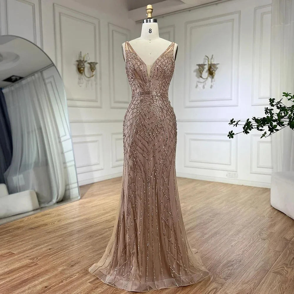 Serene Hill 2025 Blue Mermaid Elegant Spaghetti Straps Beaded Luxury Evening Dresses Gowns for Woman Wedding Party LA72450 - SERENE HILL