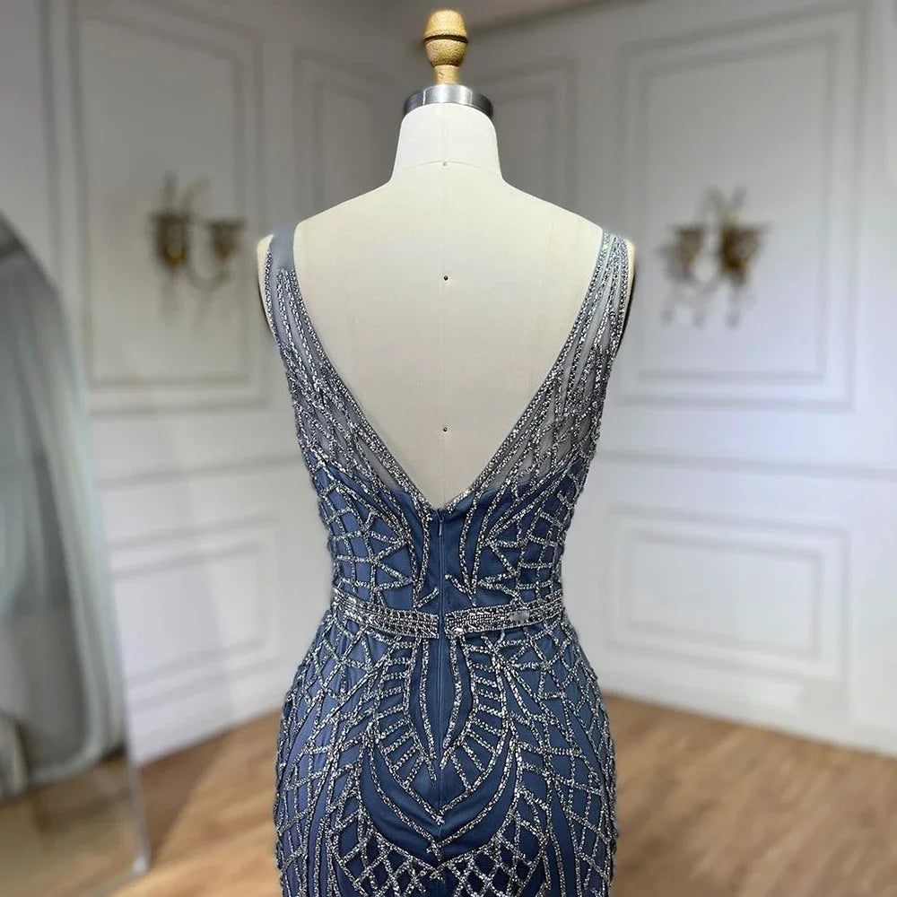 Serene Hill 2025 Blue Mermaid Elegant Spaghetti Straps Beaded Luxury Evening Dresses Gowns for Woman Wedding Party LA72450 - SERENE HILL