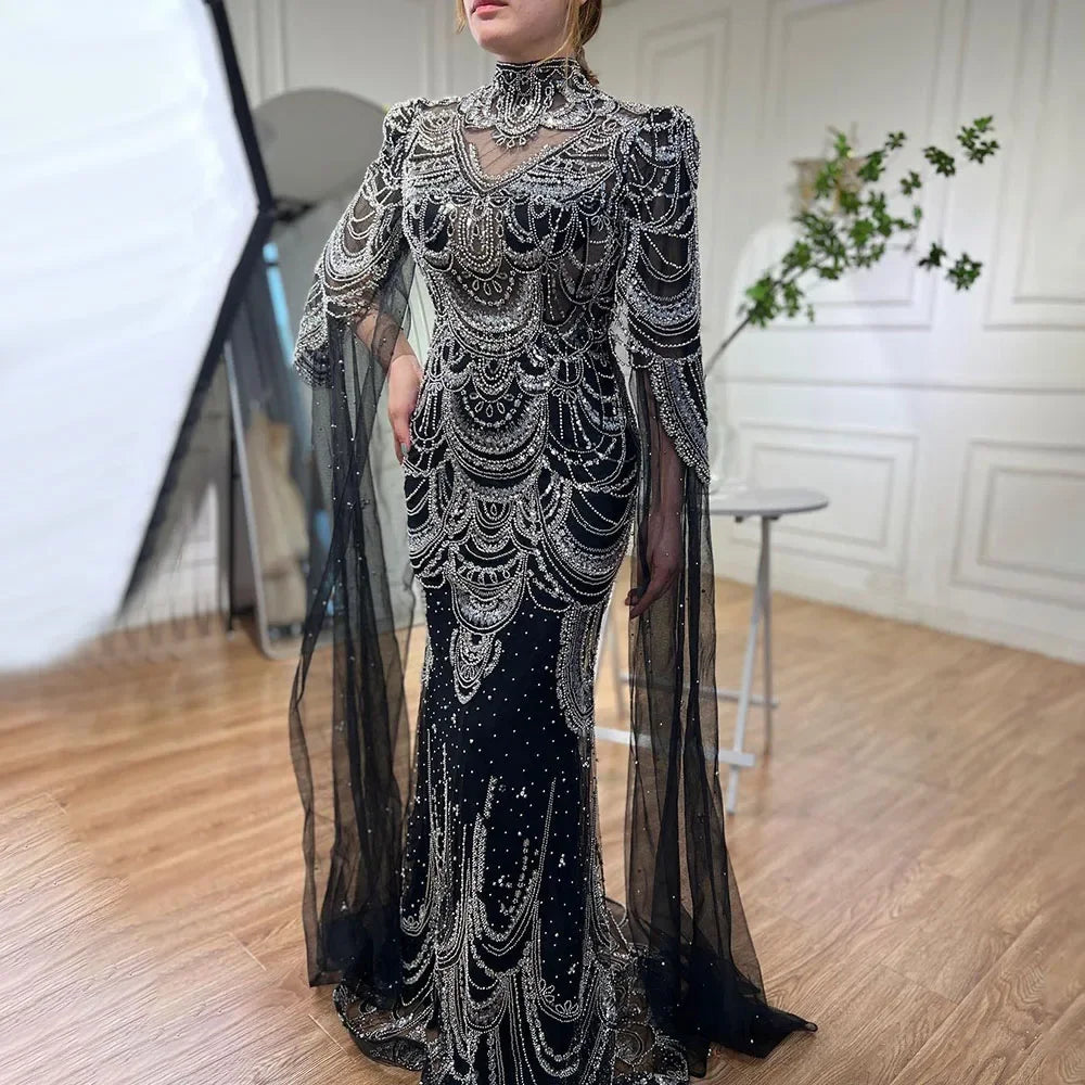 Green Luxury Dubai Mermaid Evening Dresses with Cape Sleeves LA72033 - SERENE HILL