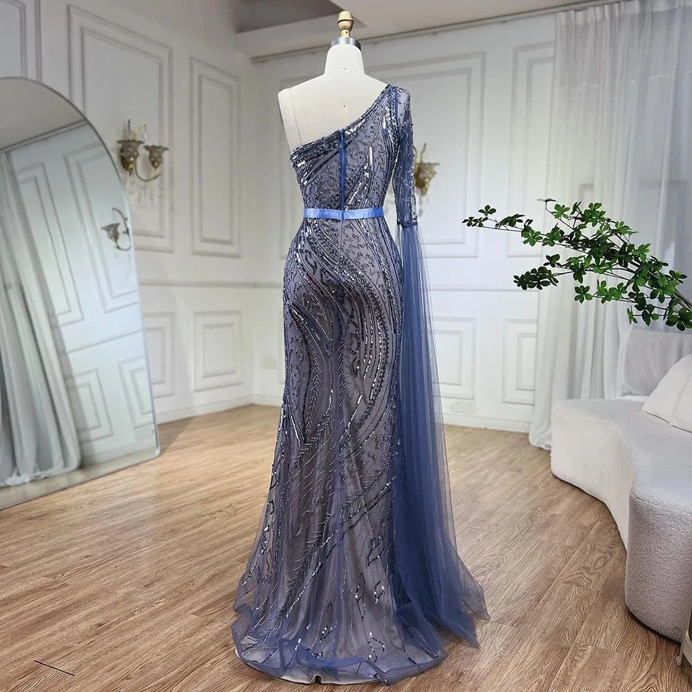 Serene Hill 2025 Blue Mermaid One Shoulder Elegant Cape Sleeve Beaded Evening Dresses Gowns For Women Wedding Party LA72294 - SERENE HILL