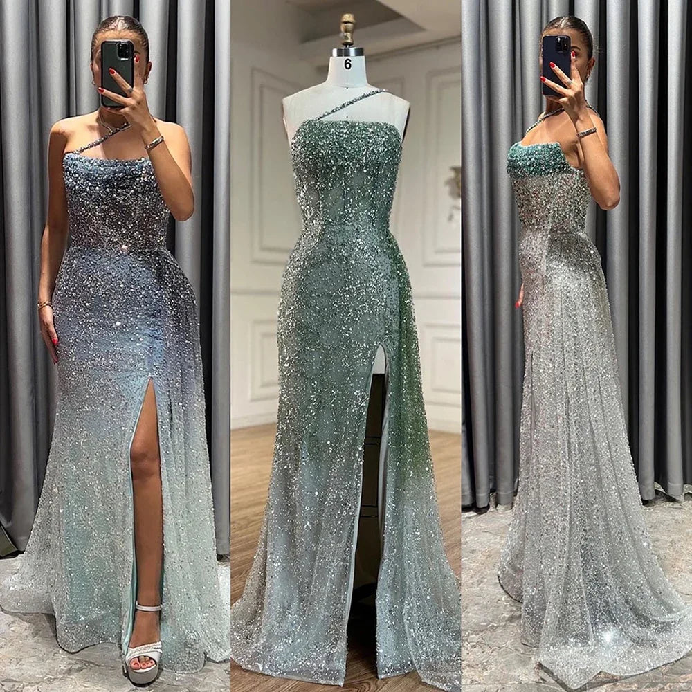 Luxury Blue One Shoulder Evening Dress with Overskirt LA72434 - SERENE HILL