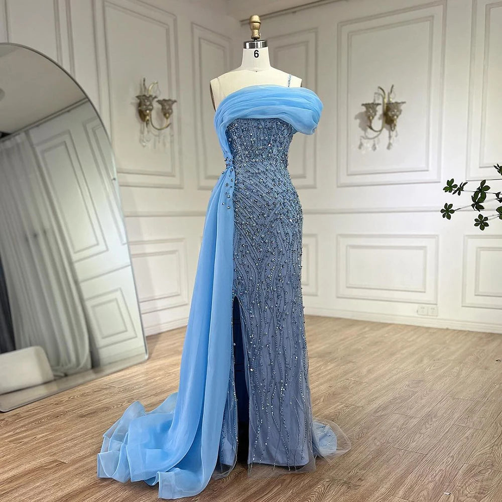 Luxury One Shoulder Blue Evening Dress with Overskirt LA72244A - SERENE HILL