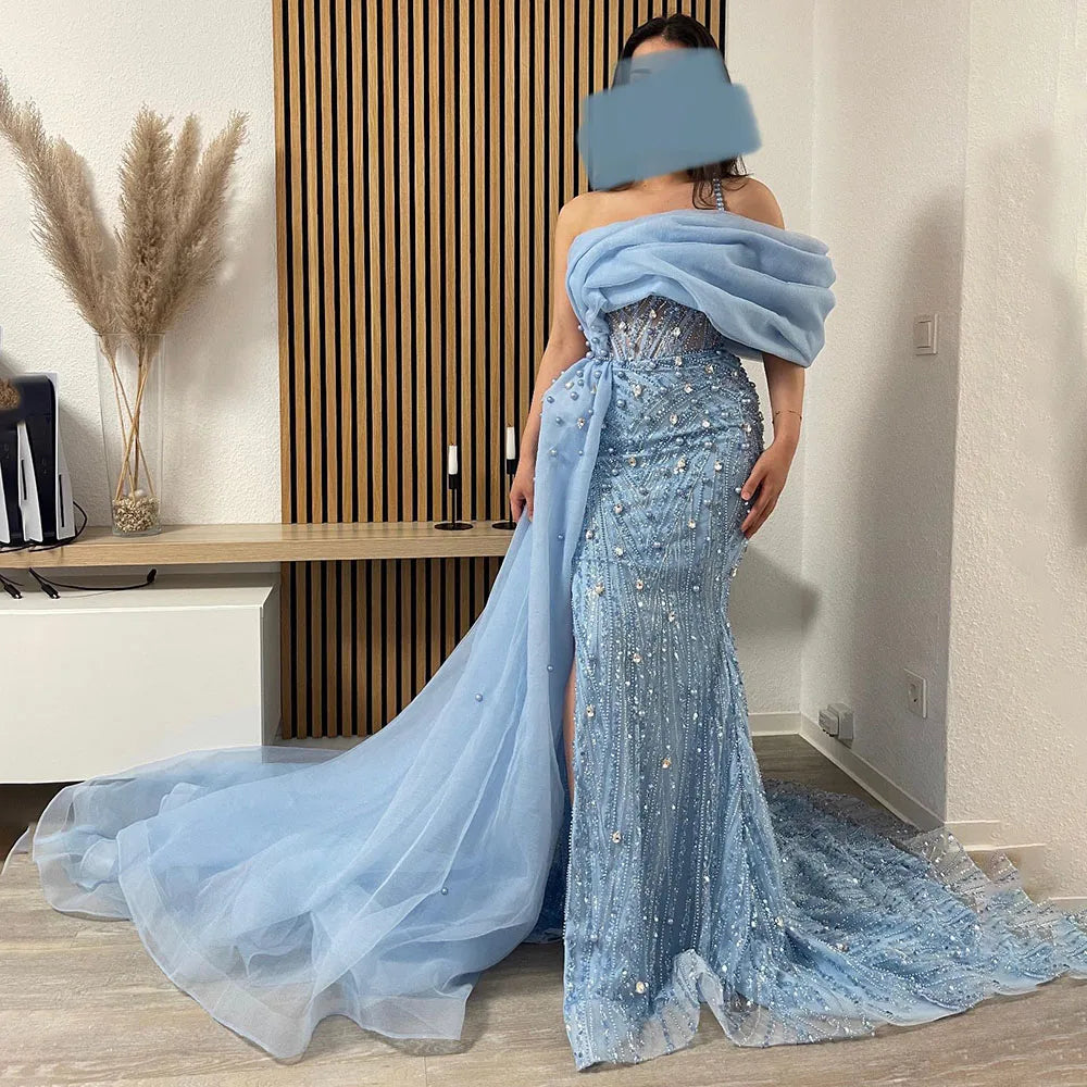 luxury one shoulder dresses Luxury One Shoulder Blue Evening Dress with Overskirt LA72244A Blue / 2