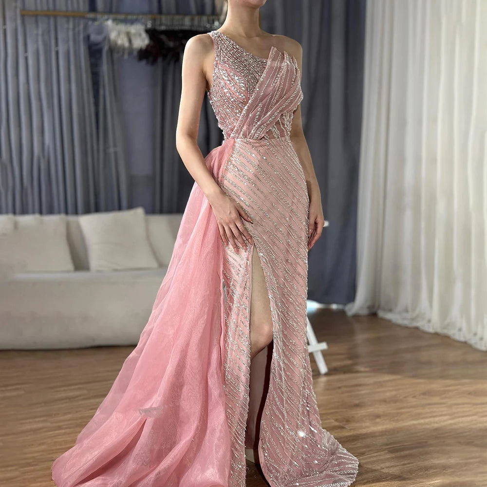 Luxury Dubai Blue One Shoulder Split Saudi Evening Gown with Beaded Side Overskirt Dress for Formal Occasion LA72732 - SERENE HILL