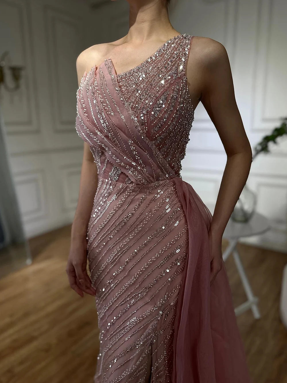 Luxury Dubai Blue One Shoulder Split Saudi Evening Gown with Beaded Side Overskirt Dress for Formal Occasion LA72732 - SERENE HILL