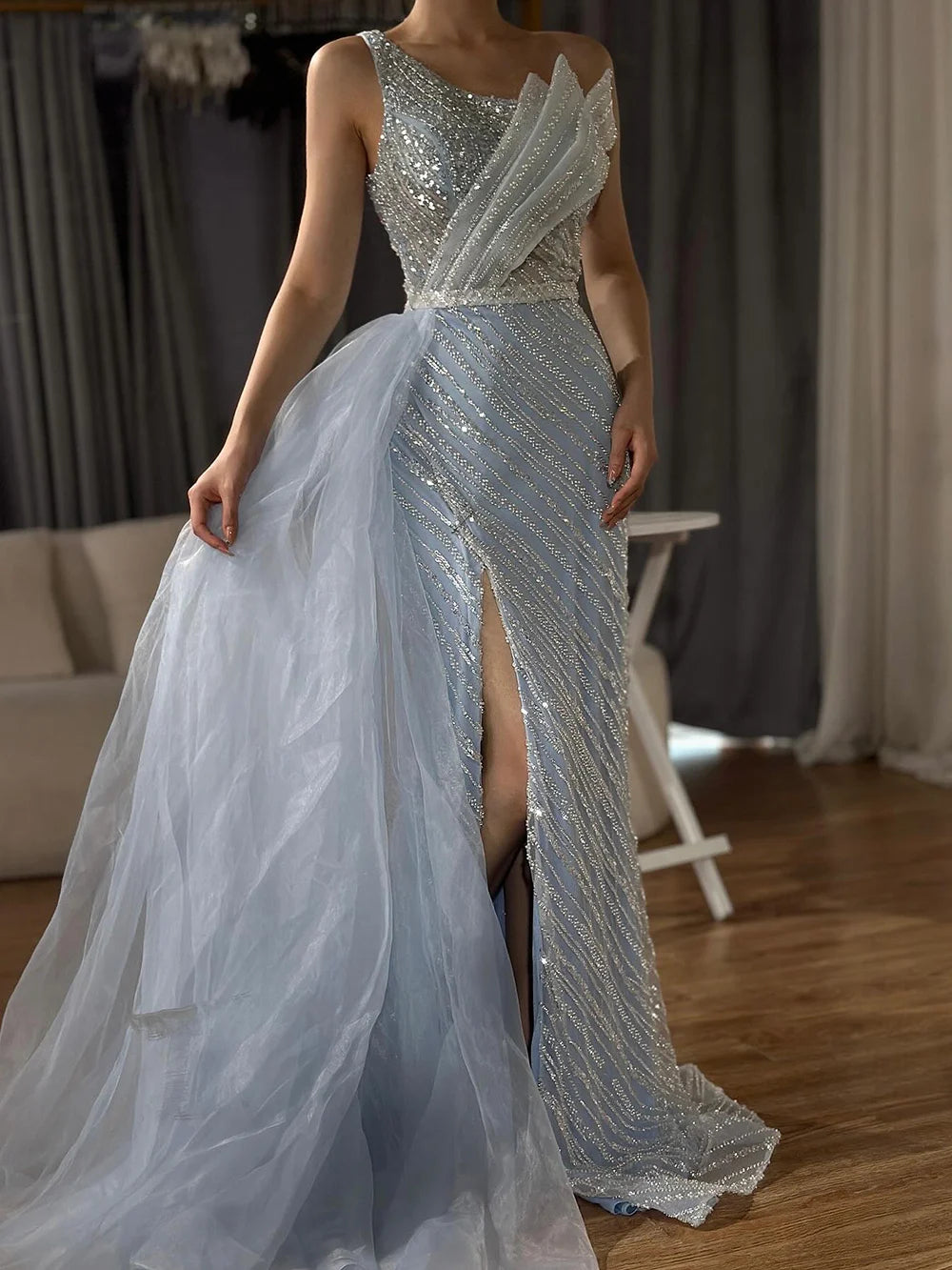 Luxury Dubai Blue One Shoulder Split Saudi Evening Gown with Beaded Side Overskirt Dress for Formal Occasion LA72732 - SERENE HILL