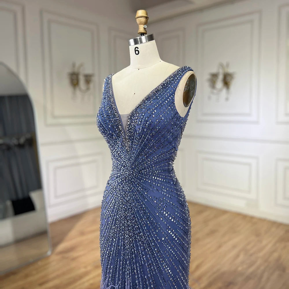 Serene Hill 2025 Blue Spaghetti Strap Luxury Dubai Evening Gowns with Feathers and Beading for Women Wedding Party LA72525 - SERENE HILL