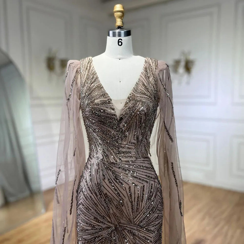 Serene Hill 2025 Caramel Mermaid Cape Sleeves Beaded Sequined Luxury Dubai Evening Dresses Gowns for Women Wedding Party LA72428 - SERENE HILL