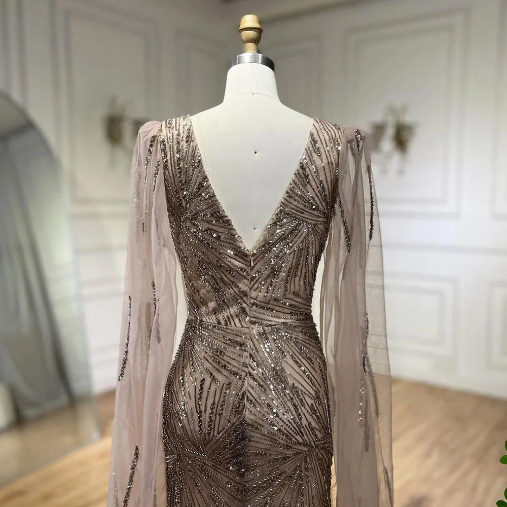 Serene Hill 2025 Caramel Mermaid Cape Sleeves Beaded Sequined Luxury Dubai Evening Dresses Gowns for Women Wedding Party LA72428 - SERENE HILL