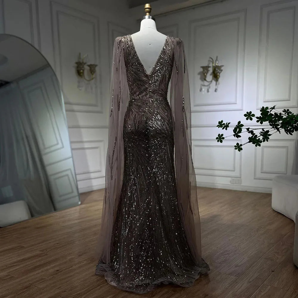 Serene Hill 2025 Caramel Mermaid Cape Sleeves Beaded Sequined Luxury Dubai Evening Dresses Gowns for Women Wedding Party LA72428 - SERENE HILL