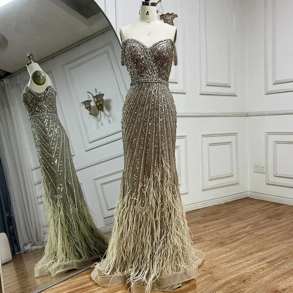 Luxury Dubai Caramel Spaghetti Strap Mermaid Gown Feathers Beaded Luxury Saudi Evening Dress for Formal Occasion LA72715 - SERENE HILL
