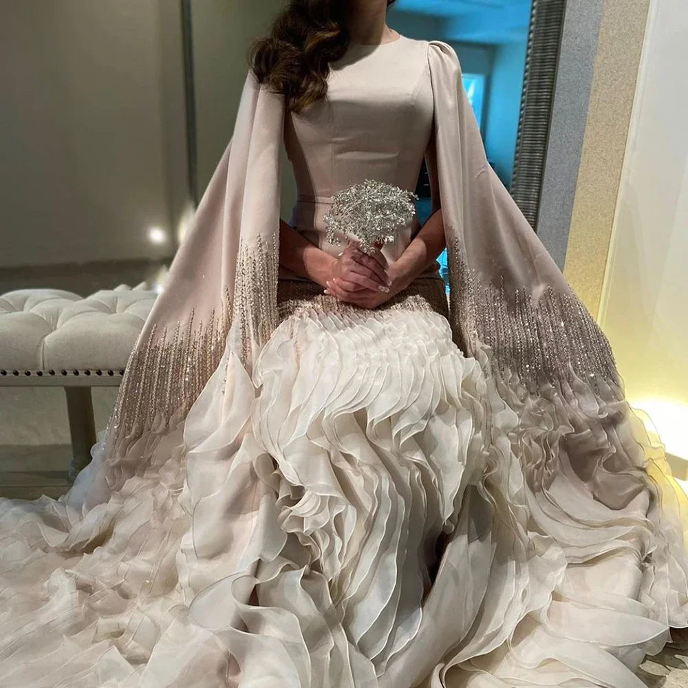 Luxury Mermaid Nude Evening Dresses with Cape Sleeves LA72317A - SERENE HILL