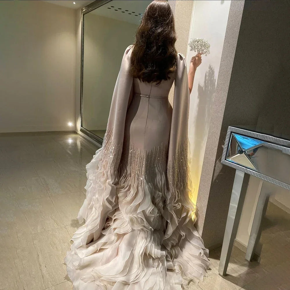 Luxury Mermaid Nude Evening Dresses with Cape Sleeves LA72317A - SERENE HILL
