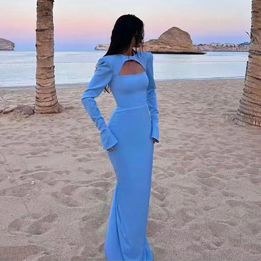 Luxury Dubai Blue Satin Mermaid Evening Dress Lace-Up Back LA72416 Blue / 4