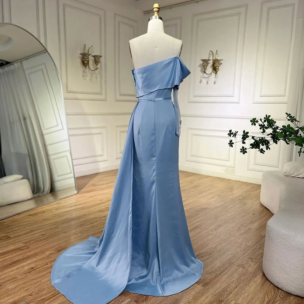 Serene Hill 2025 Dubai Blue Satin Off The Shoulder Mermaid Luxury Arabic Evening Dresses Gowns for Women Wedding Party LA72506 - SERENE HILL