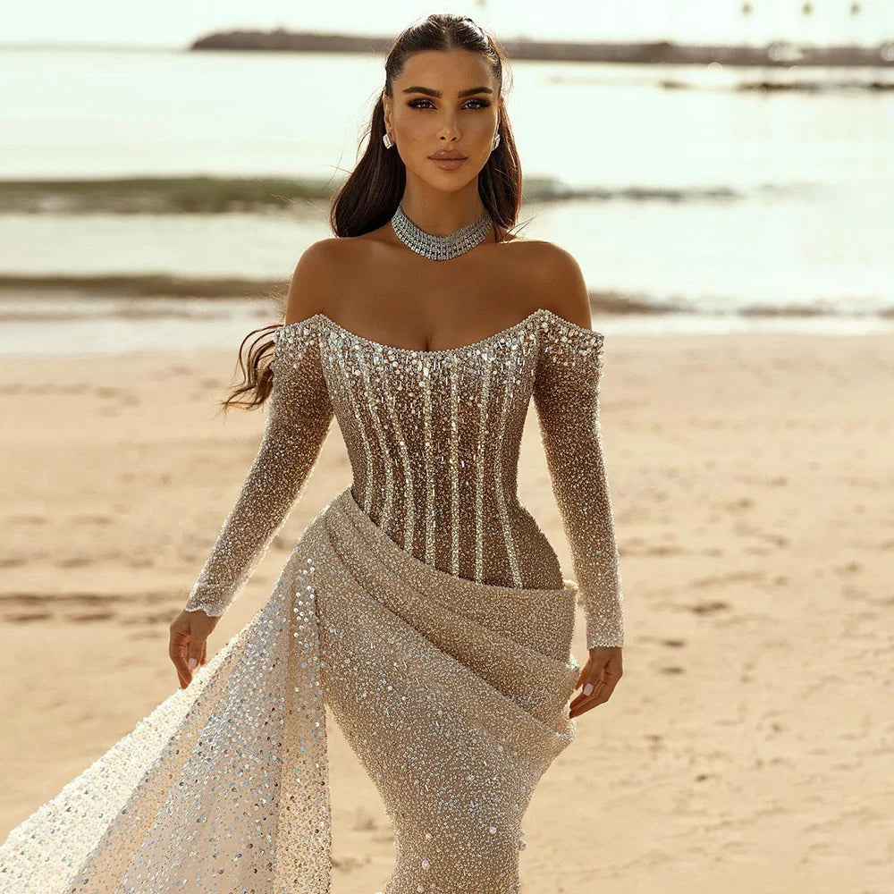 Serene Hill 2025 Dubai Nude Mermaid Dress with Overskirt Beaded Luxury Evening Gown for Women Wedding Party LA72291 - SERENE HILL