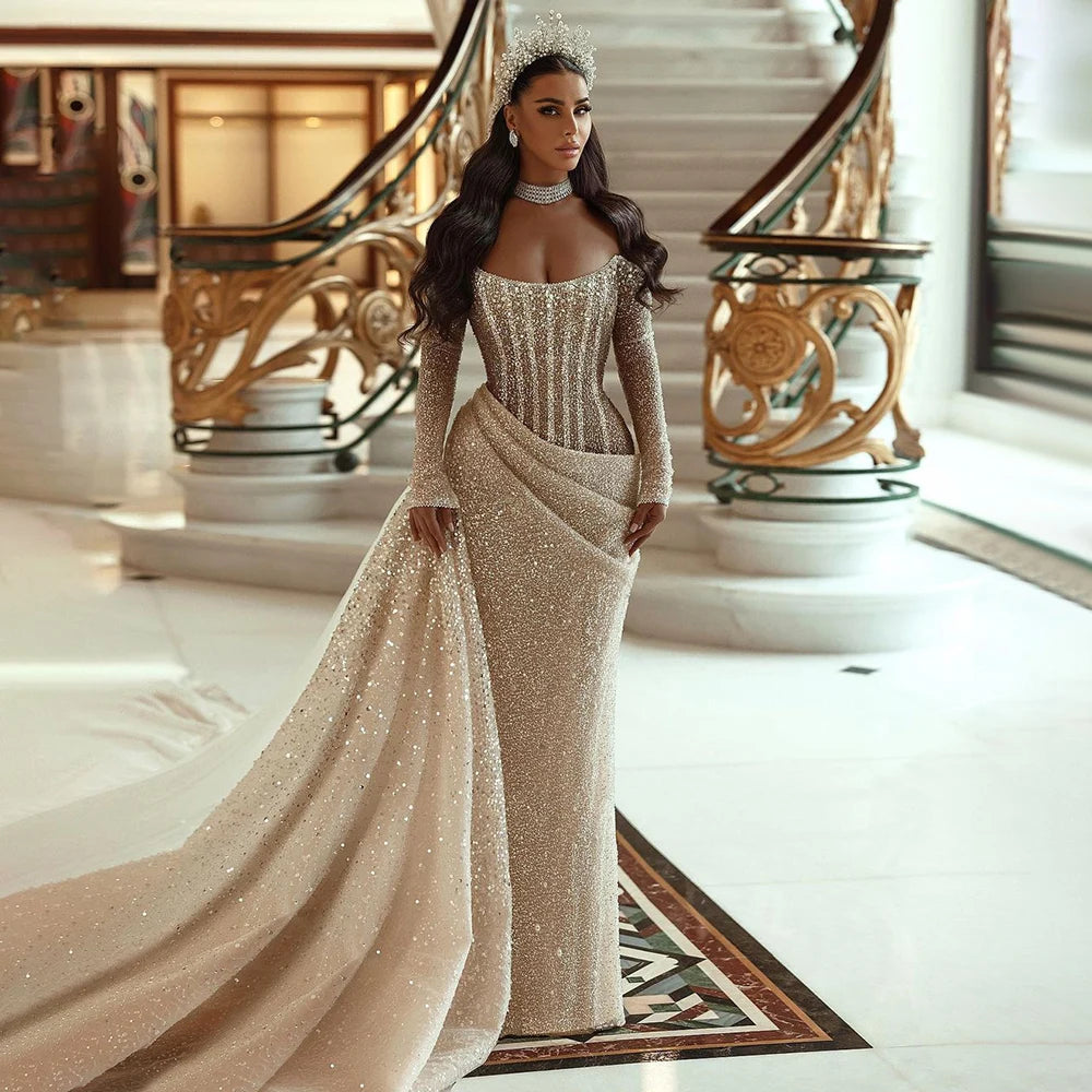 Serene Hill 2025 Dubai Nude Mermaid Dress with Overskirt Beaded Luxury Evening Gown for Women Wedding Party LA72291 Nude / 16