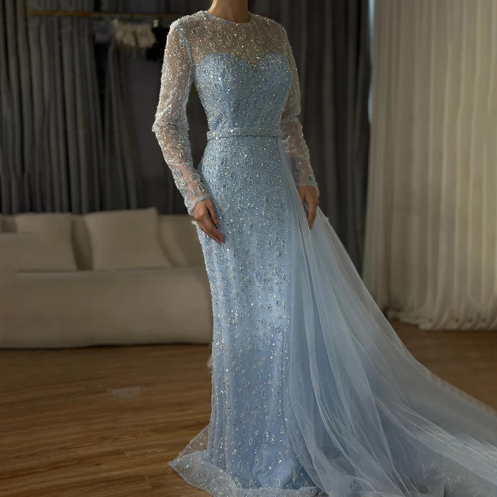Luxury Dubai Elegant Blue Saudi Arabic Evening Gown with Beaded Side Overskirt Dress for Formal Occasion LA72734 - SERENE HILL