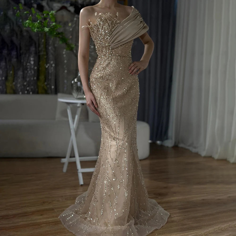 Luxury Dubai Elegant Caramel One Shoulder Saudi Arabic Evening Gown with Beaded Dress for Formal Occasion LA72577 - SERENE HILL