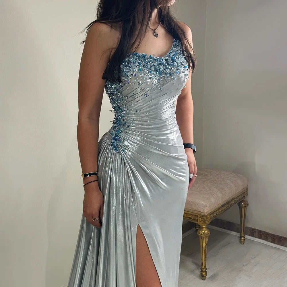 Serene Hill 2025 Elegant Silver One-Shoulder Beaded Mermaid Luxury Dubai Evening Gown with Side Split for Women&