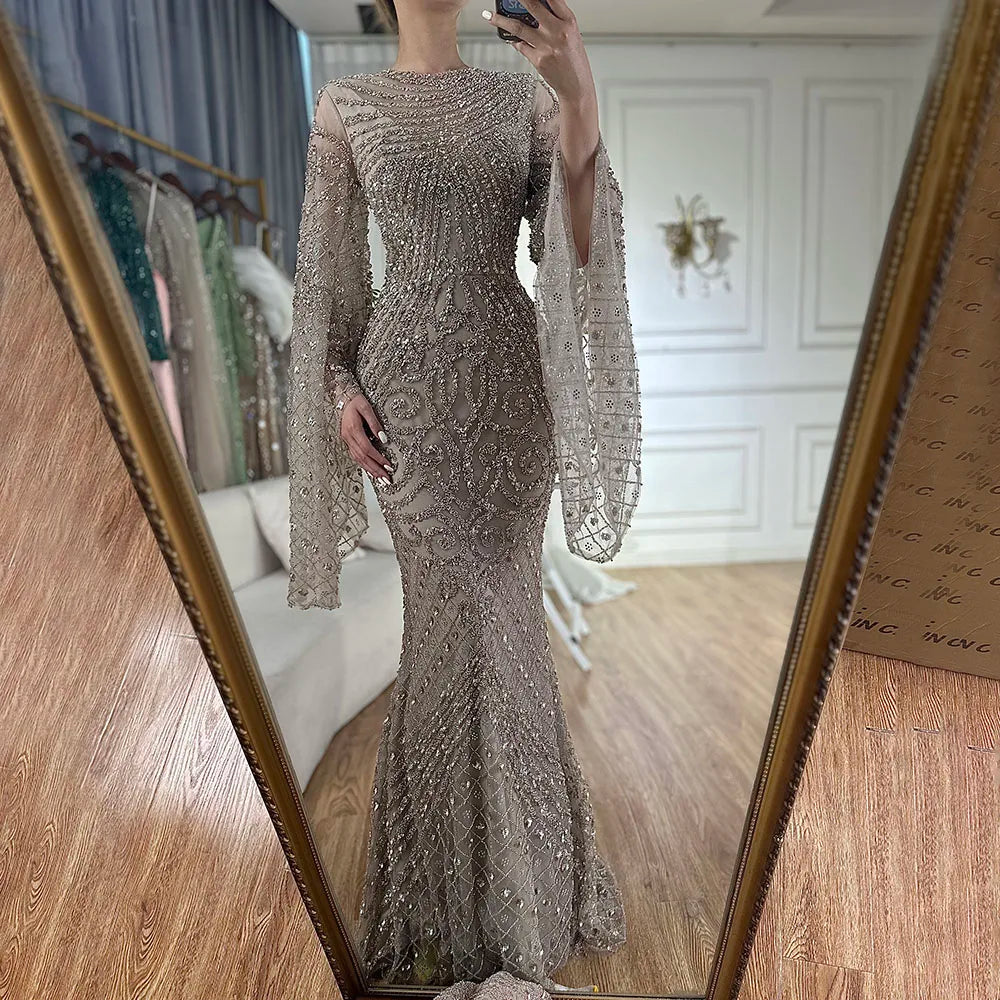 Luxury Flared Sleeves Caramel Beaded Mermaid Evening Dress LA72771 - SERENE HILL
