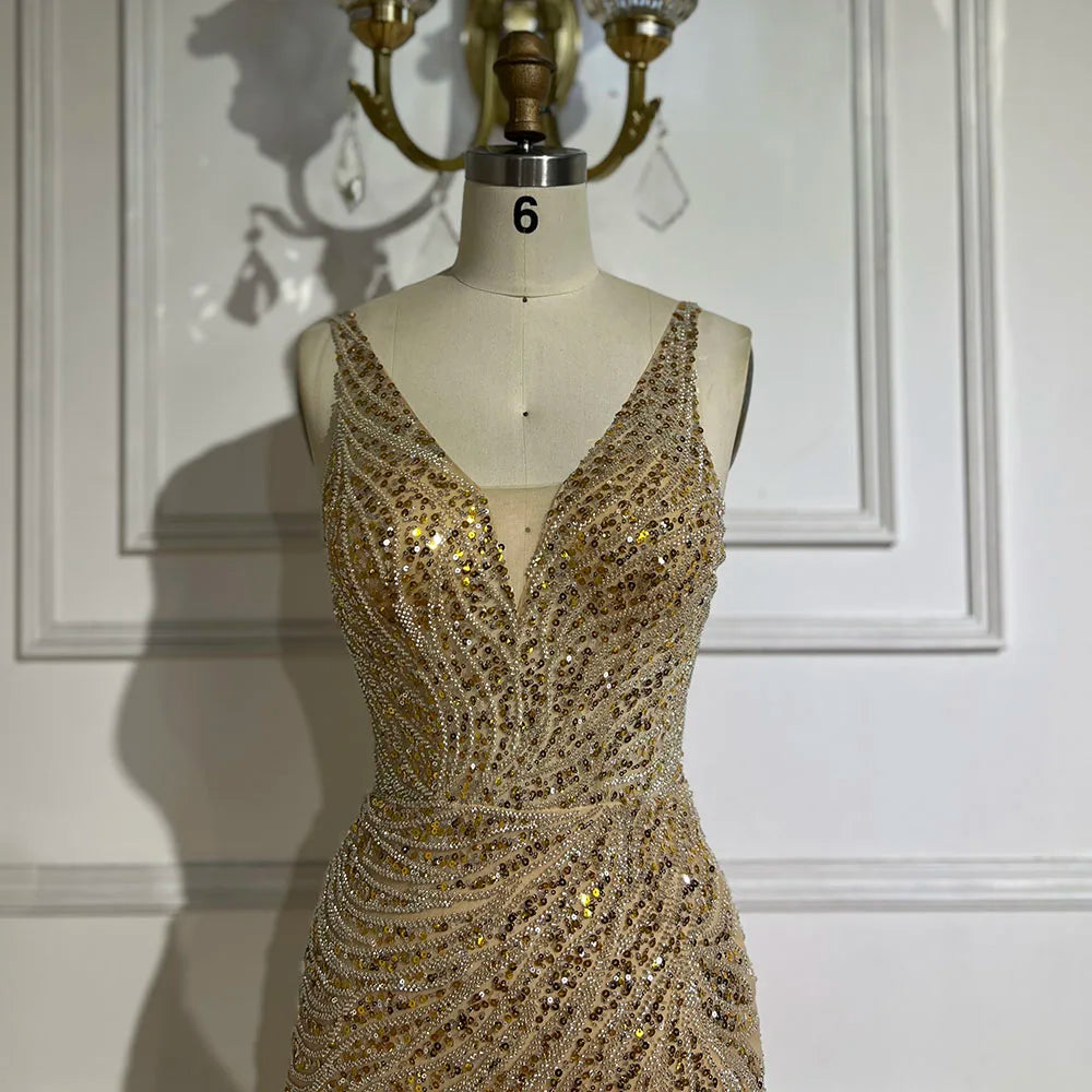 Serene Hill 2025 Gold Backless Spaghetti Strap Mermaid Beaded Luxury Evening Dresses Gowns for Women Wedding Party LA72615 - SERENE HILL