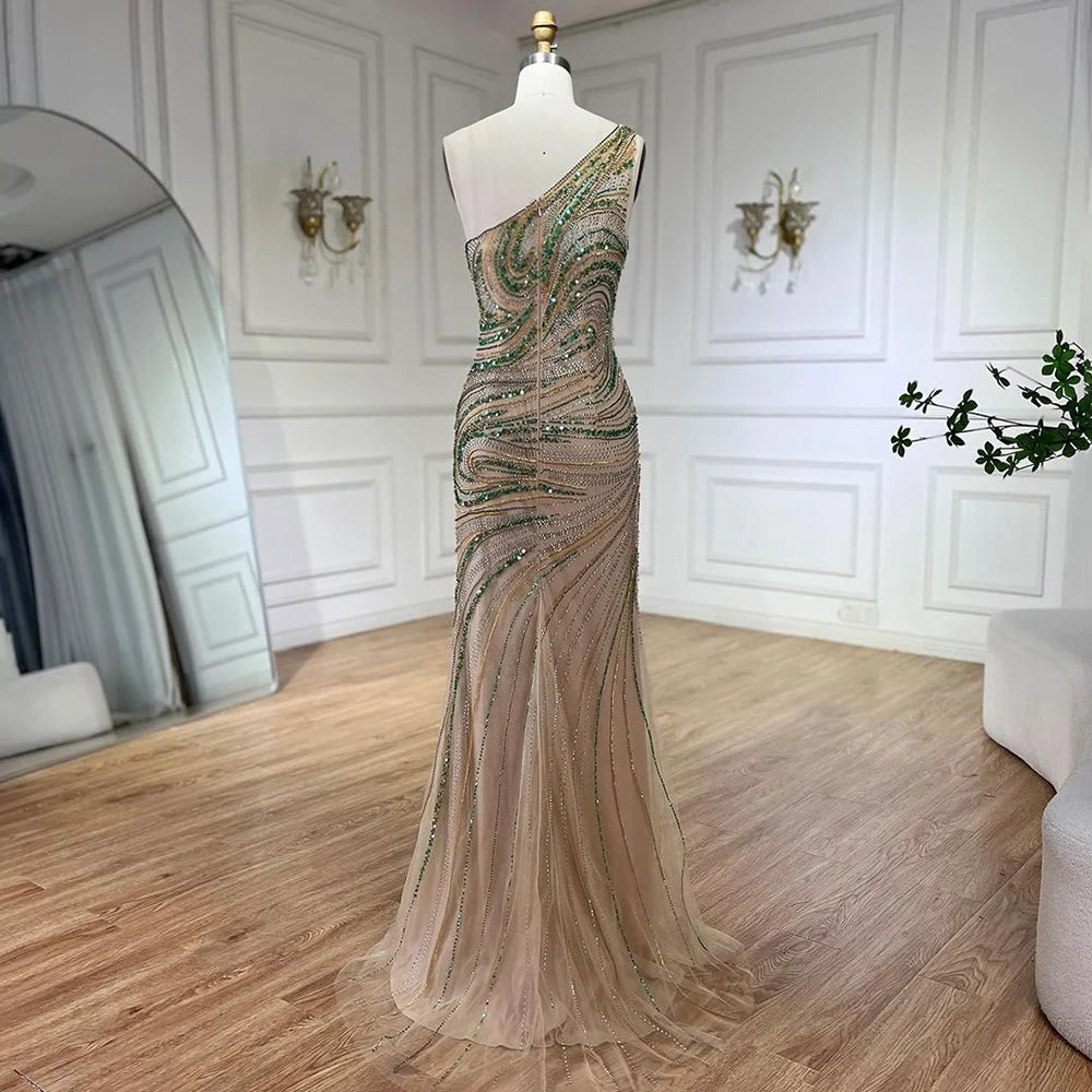 Serene Hill 2025 Green One Shoulder Long Cloak Mermaid Beaded Luxury Evening Dresses Gowns for Women Wedding Party LA72282 - SERENE HILL