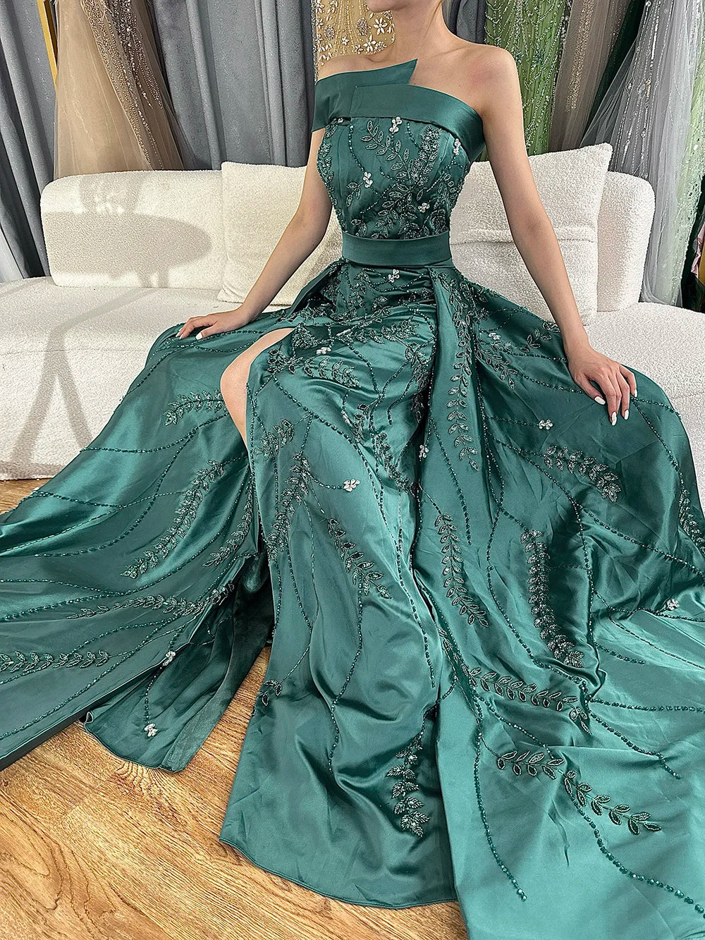 Luxury Green One Shoulder Satin Evening Dress with Overskirt LA72178 - SERENE HILL