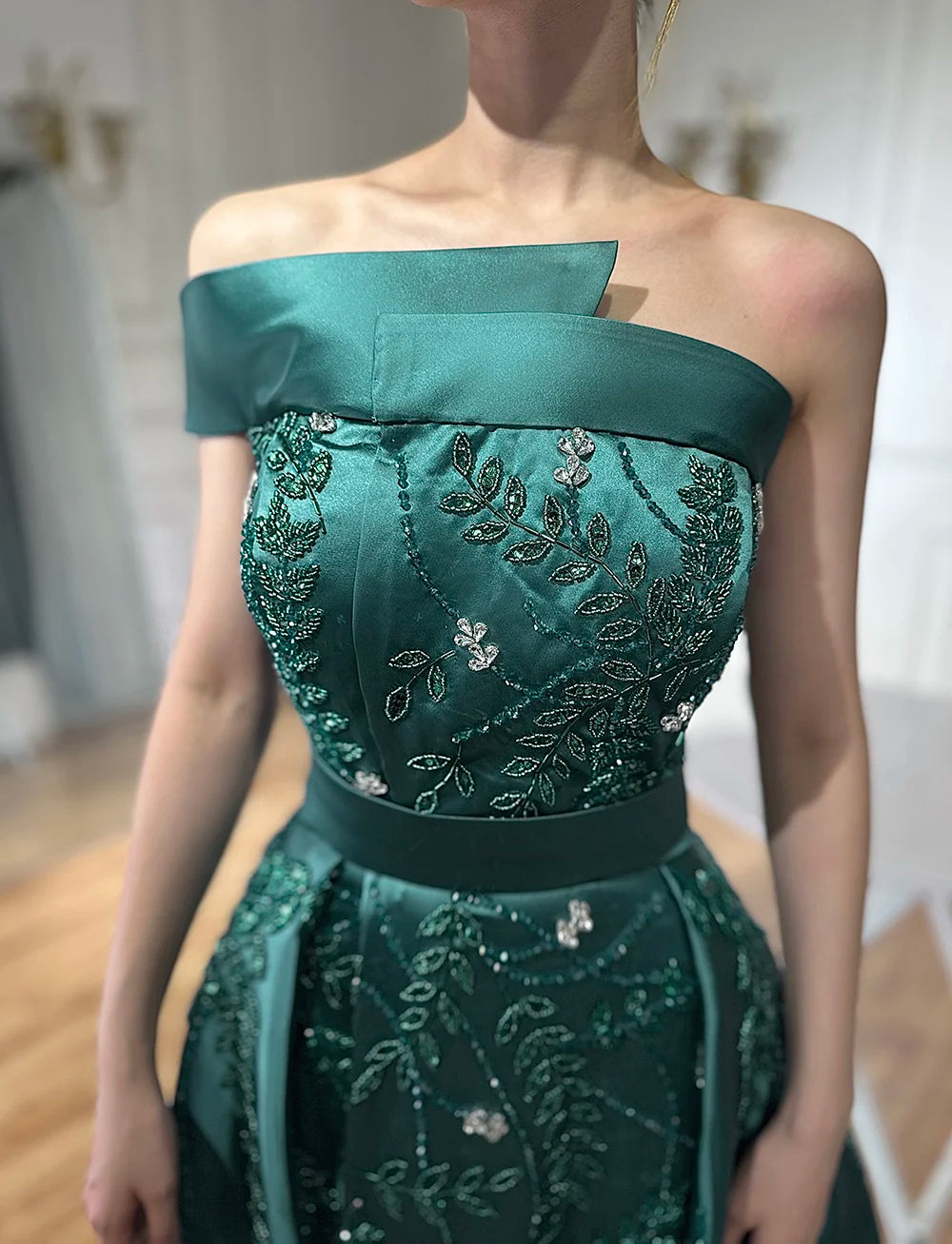 Luxury Green One Shoulder Satin Evening Dress with Overskirt LA72178 - SERENE HILL